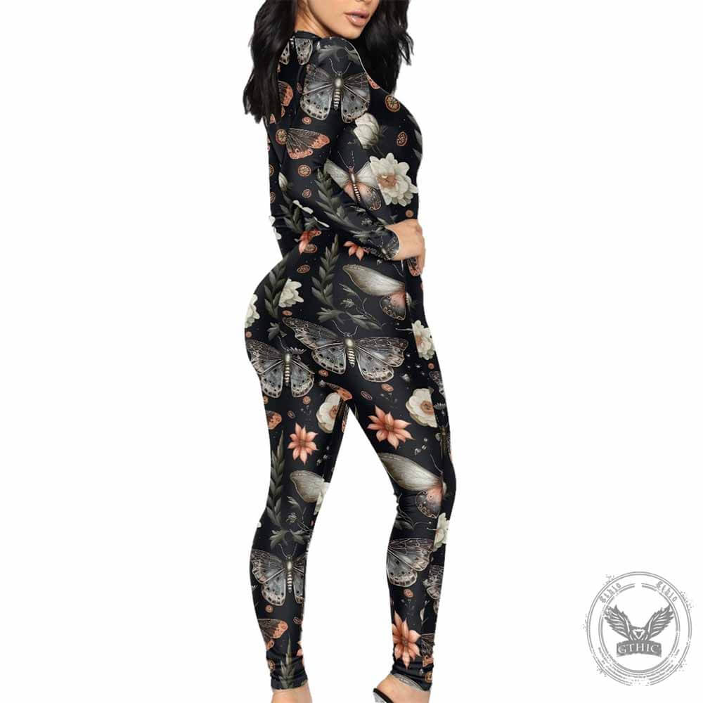 Flower Butterfly Print Sexy Zipper Skinny Jumpsuit 02 | Gthic.com