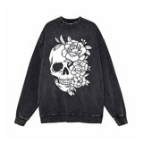 Flower Half Face Skull Vintage Washed Sweatshirt | Gthic.com