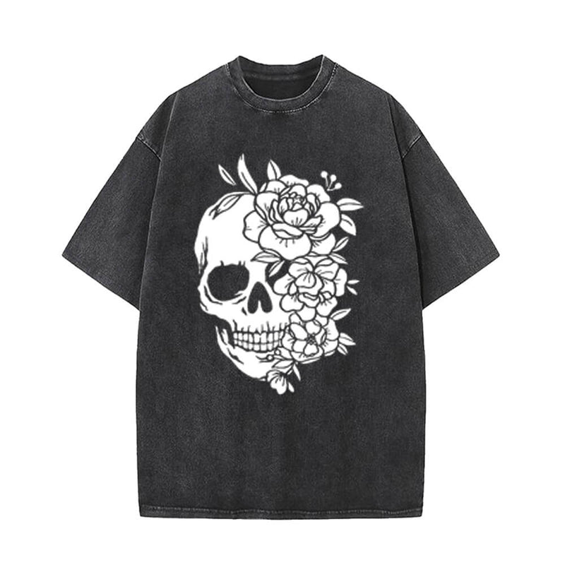 Flower Half Face Skull Vintage Washed T-shirt | Gthic.com