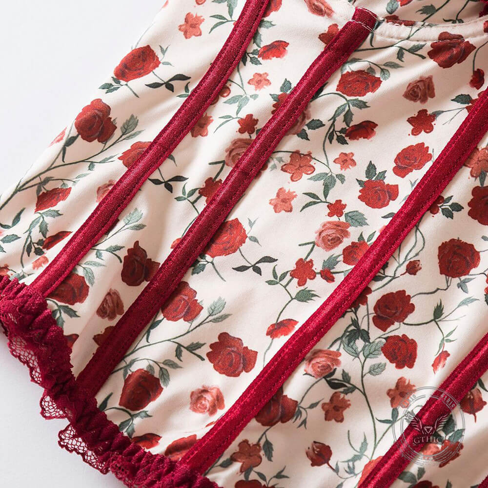 Flower Print Lace Patchwork Herringbone Tube Top
