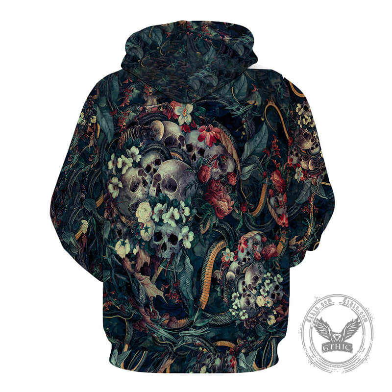 Flower Skull Snake Print Polyester Pullover Hoodie | Gthic.com