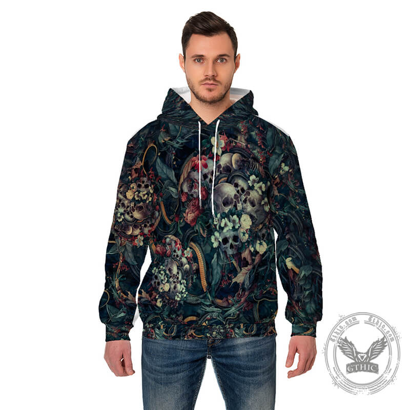 Sudadera con capucha de poliéster con estampado de serpiente y calavera de flores