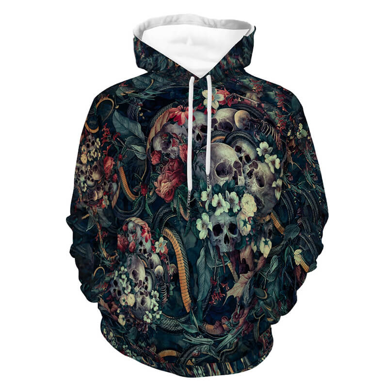 Flower Skull Snake Print Polyester Pullover Hoodie | Gthic.com