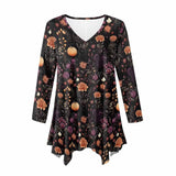 Flowers And Pumpkin V-Neck Irregular Hem Top 03 | Gthic.com