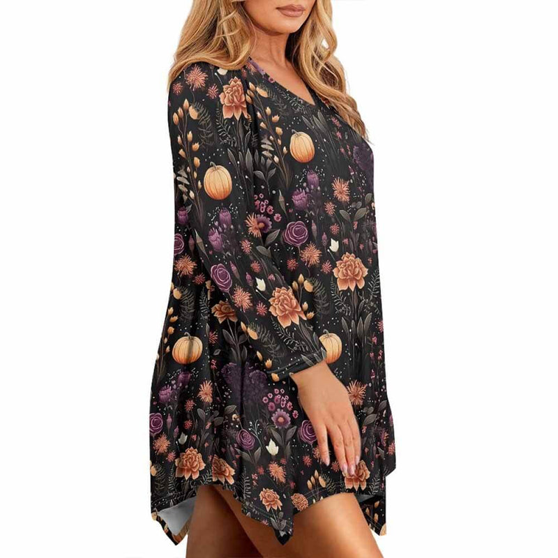 Flowers And Pumpkin V-Neck Irregular Hem Top