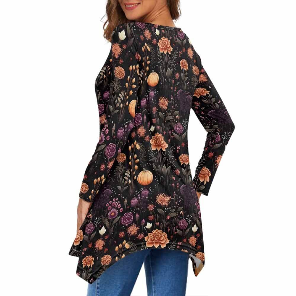 Flowers And Pumpkin V-Neck Irregular Hem Top 02 | Gthic.com