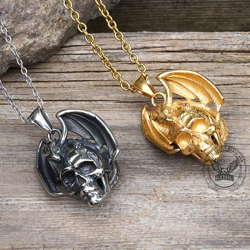 Flying Dragon Skull Stainless Steel Pendant | Gthic.com