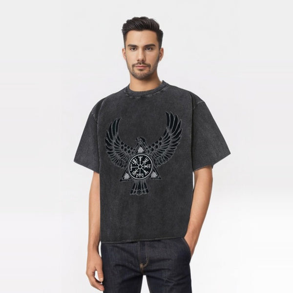 Flying Raven Viking Symbols Washed T-shirt | Gthic.com