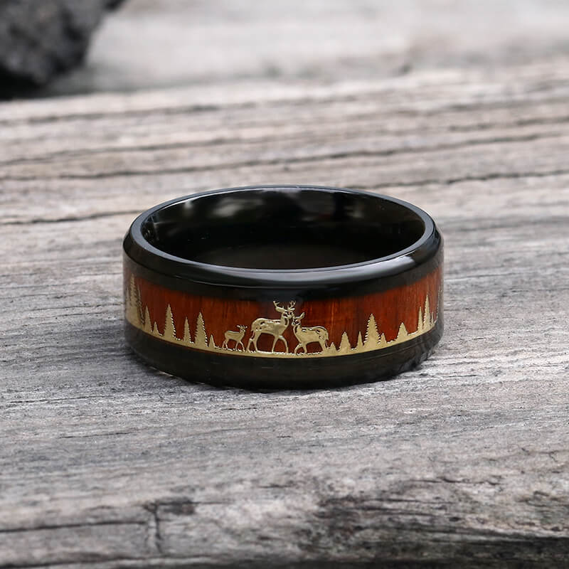 Forest Elk Wood Texture Stainless Steel Band Ring | Gthic.com