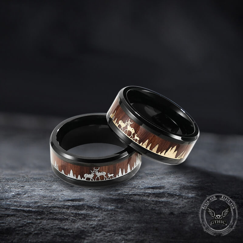 Forest Elk Wood Texture Stainless Steel Band Ring | Gthic.com