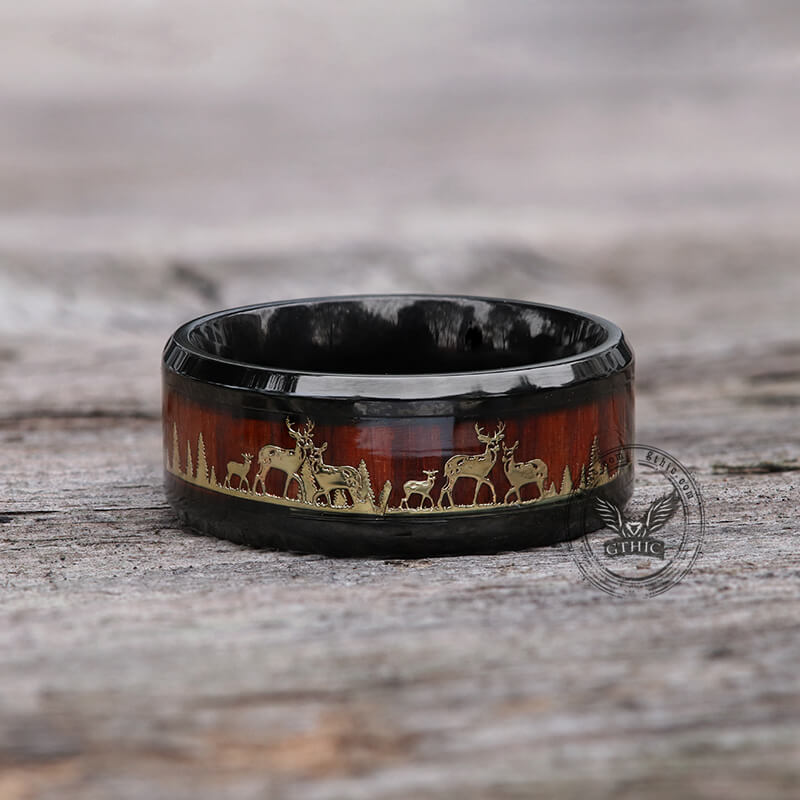 Forest Elk Wood Texture Stainless Steel Band Ring | Gthic.com