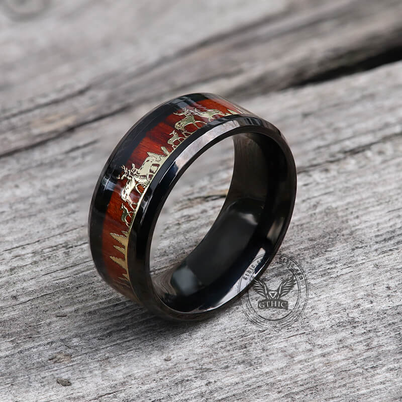 Forest Elk Wood Texture Stainless Steel Band Ring