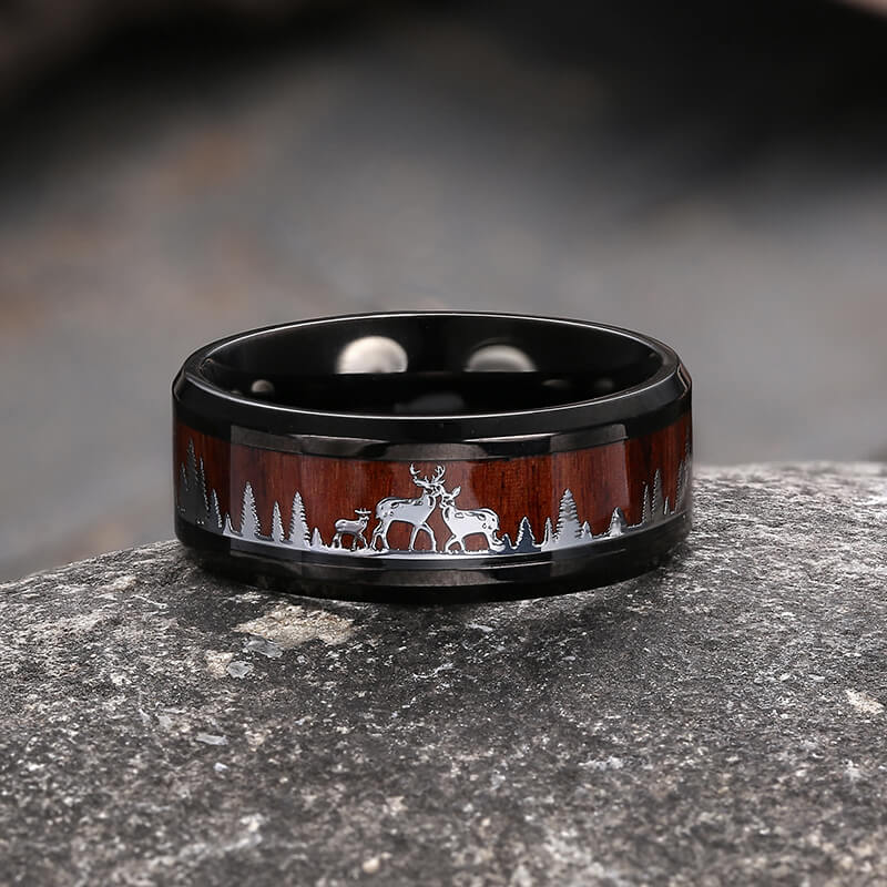 Forest Elk Wood Texture Stainless Steel Band Ring | Gthic.com