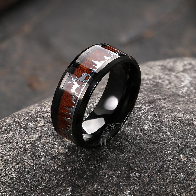 Forest Elk Wood Texture Stainless Steel Band Ring