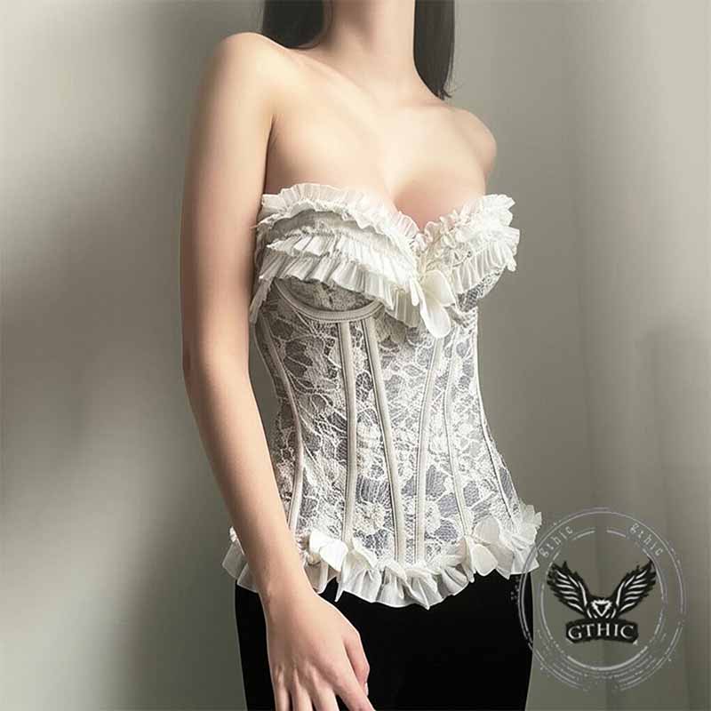 French Retro Off-The-Shoulder Ruffled Tube Top