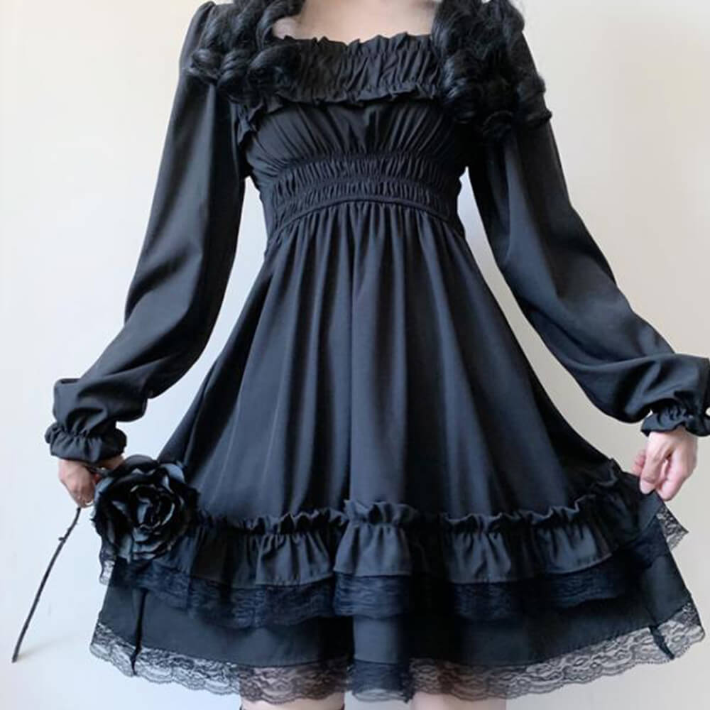 French Square Neck Lace Waist Black Dress  | Gthic.com