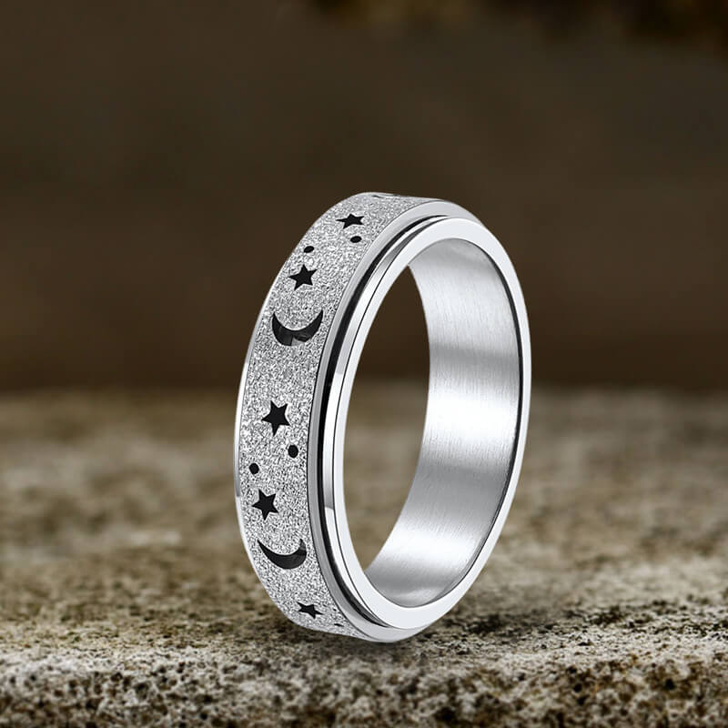 Frosted Hollow Star Moon Stainless Steel Spinner Ring 01 | Gthic.com