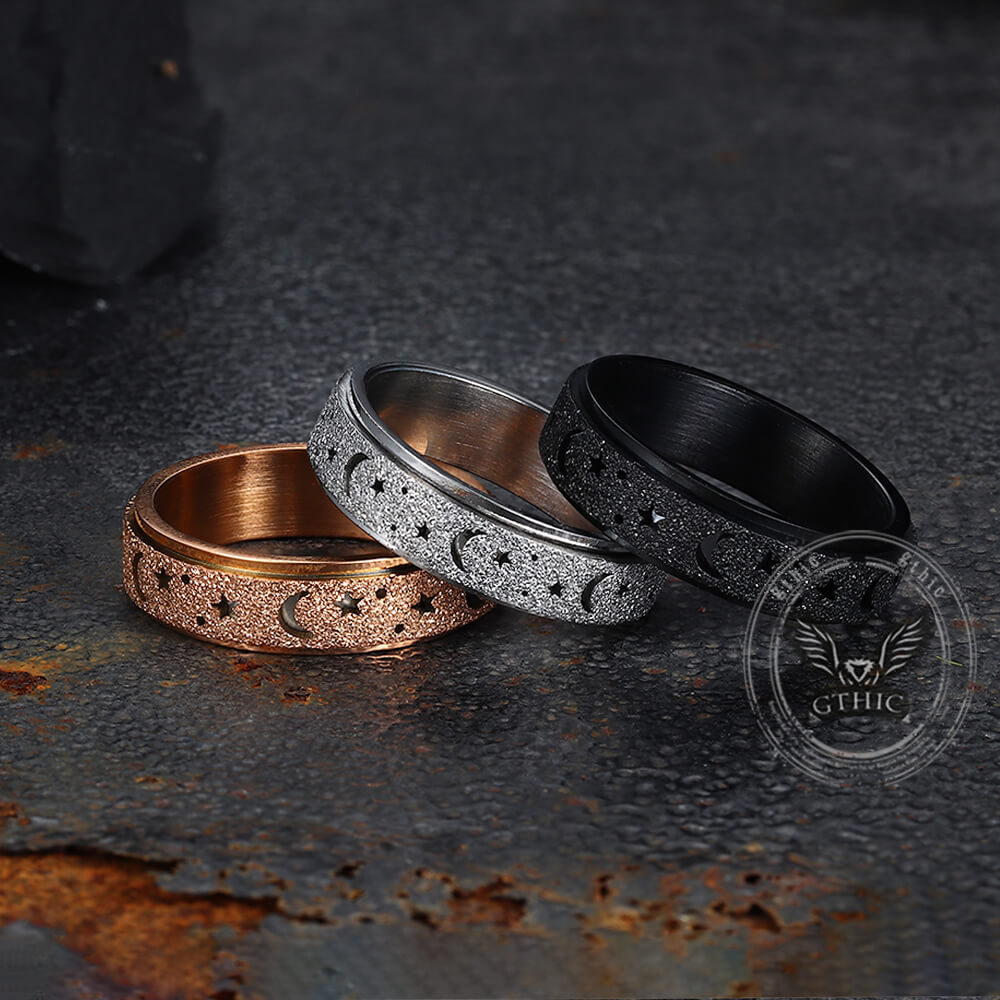 Frosted Hollow Star Moon Stainless Steel Spinner Ring | Gthic.com