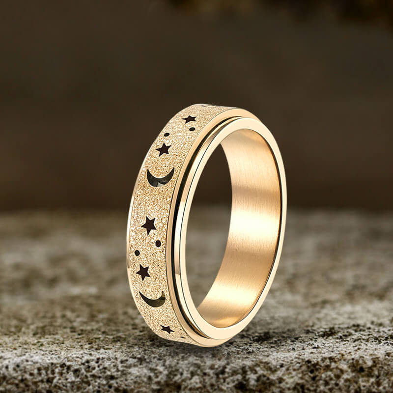 Frosted Hollow Star Moon Stainless Steel Spinner Ring 03 | Gthic.com