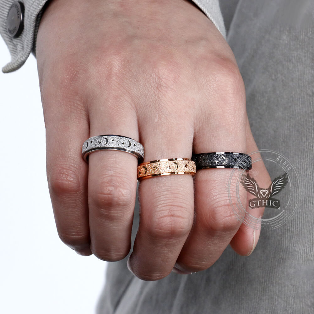 Frosted Hollow Star Moon Stainless Steel Spinner Ring | Gthic.com