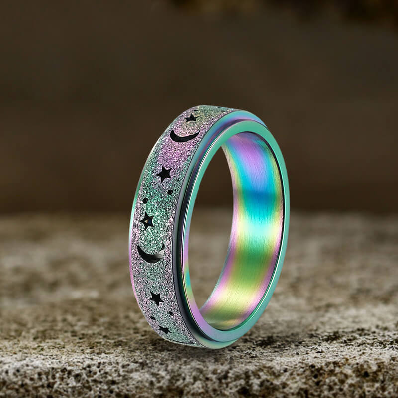 Frosted Hollow Star Moon Stainless Steel Spinner Ring