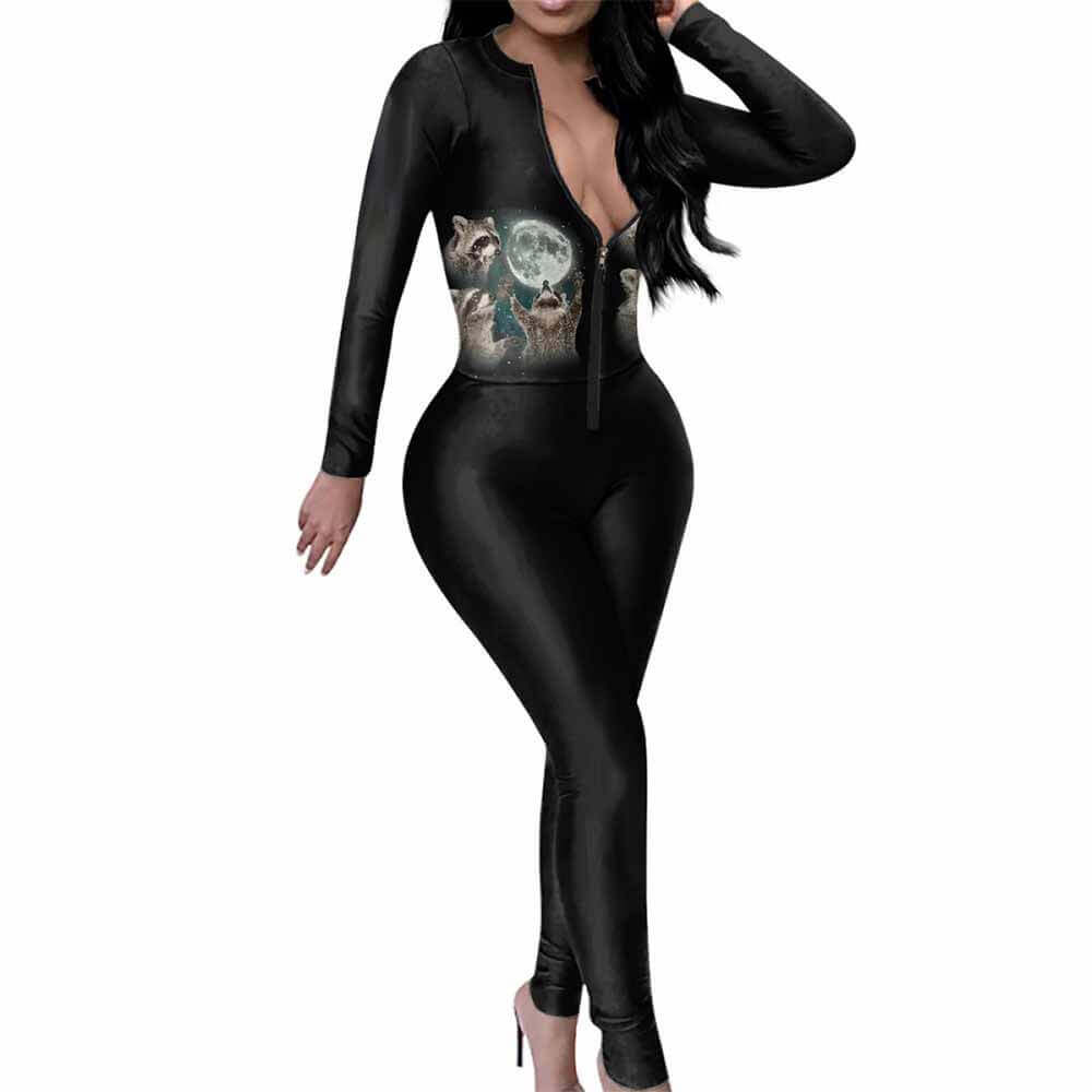 Funny Raccoon Print Sexy Zipper Skinny Jumpsuit | Gthic.com