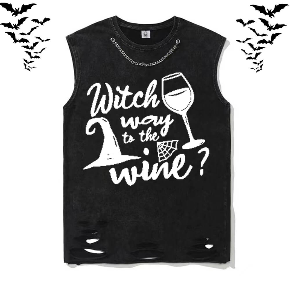 Funny Witch Wine Vintage Washed T-shirt Vest Top | Gthic.com