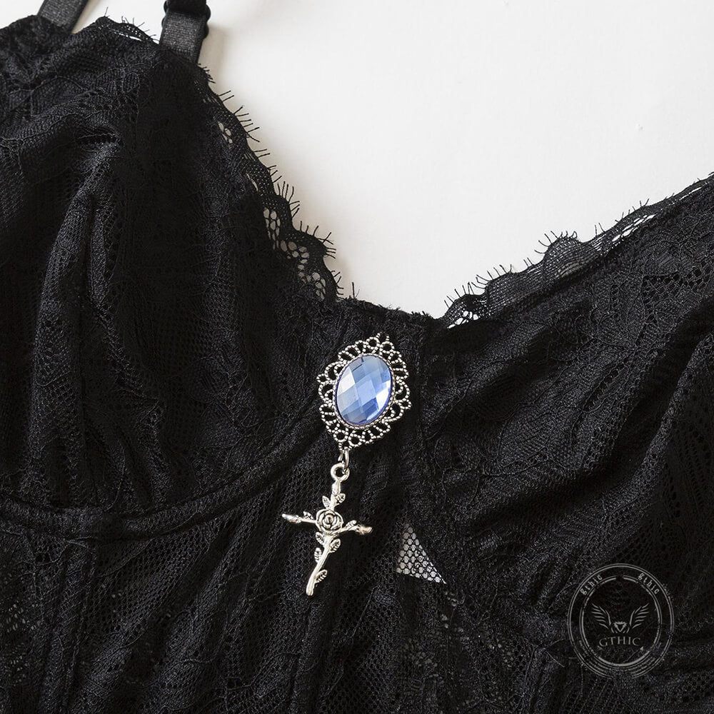 Gem-Embellished Sheer Lace Corset Crop Top