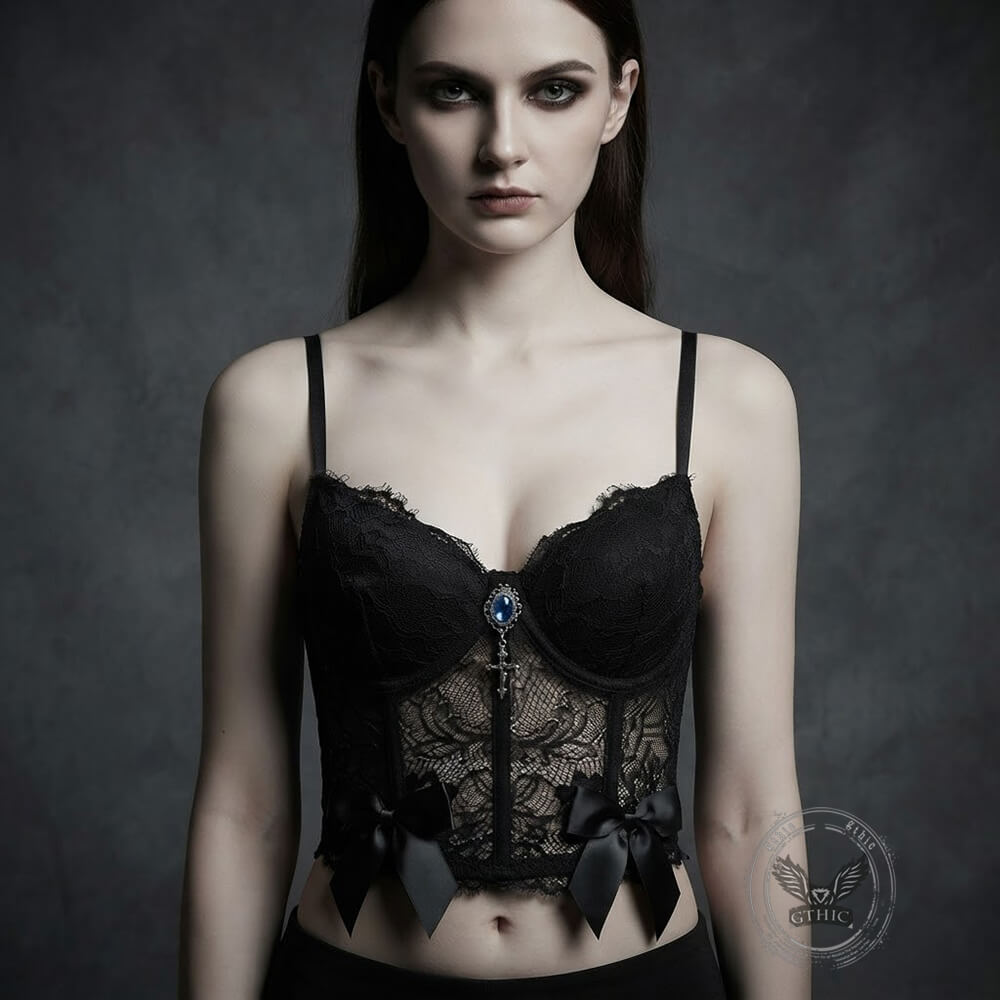 Gem-Embellished Sheer Lace Corset Crop Top | Gthic.com