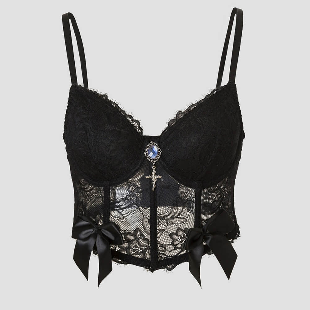 Gem-Embellished Sheer Lace Corset Crop Top | Gthic.com