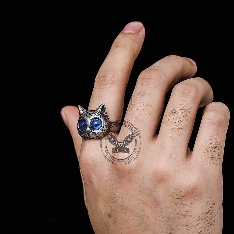 Gem-Eye Cat Head Stainless Steel Ring