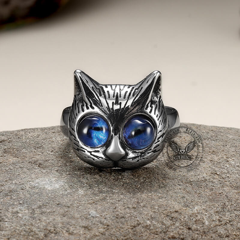 Gem-Eye Cat Head Stainless Steel Ring