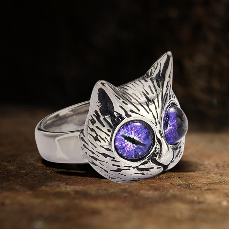 Gem-Eye Cat Head Stainless Steel Ring | Gthic.com