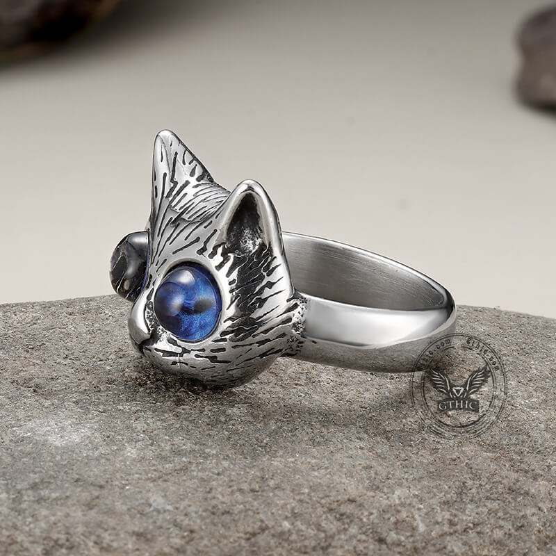 Gem-Eye Cat Head Stainless Steel Ring