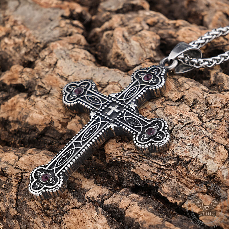 Gem-Set Budded Cross Stainless Steel Pendant | Gthic.com