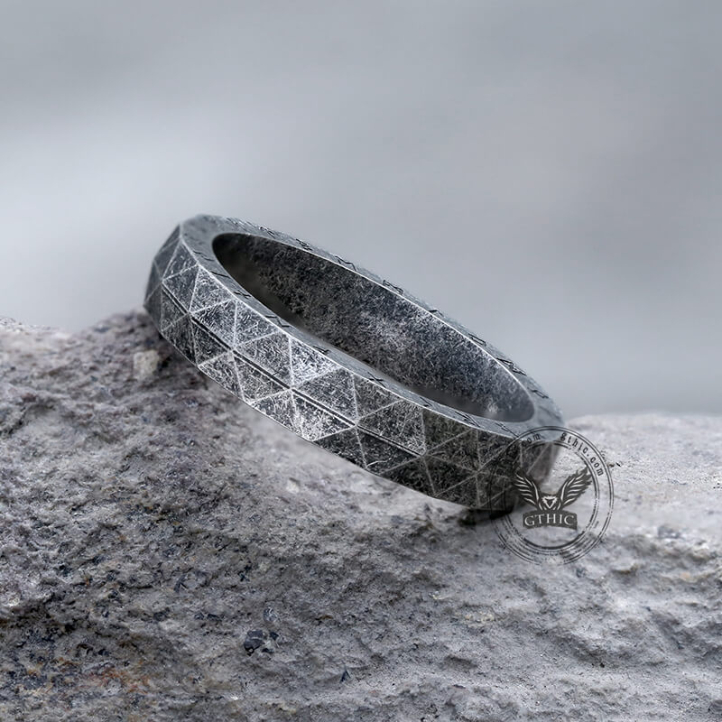 Geometric Faceted Runes Stainless Steel Viking Ring