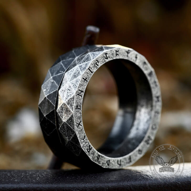Geometric Faceted Runes Stainless Steel Viking Ring | Gthic.com