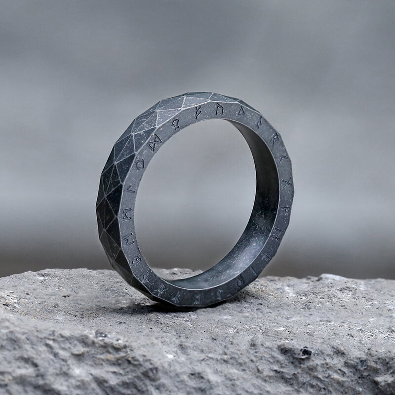 Geometric Faceted Runes Stainless Steel Viking Ring | Gthic.com