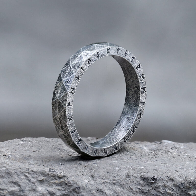Geometric Faceted Runes Stainless Steel Viking Ring | Gthic.com