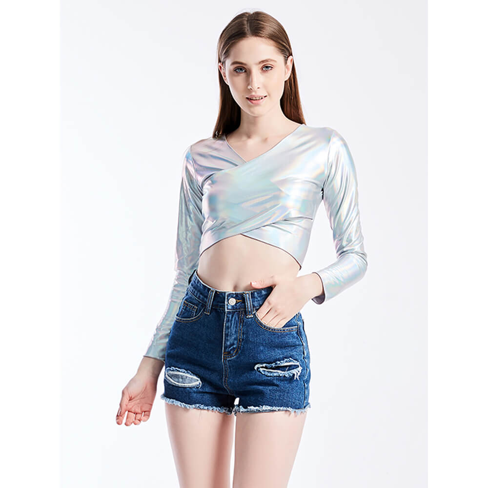 Glossy Crossover V-Neck Long-Sleeved Crop Top