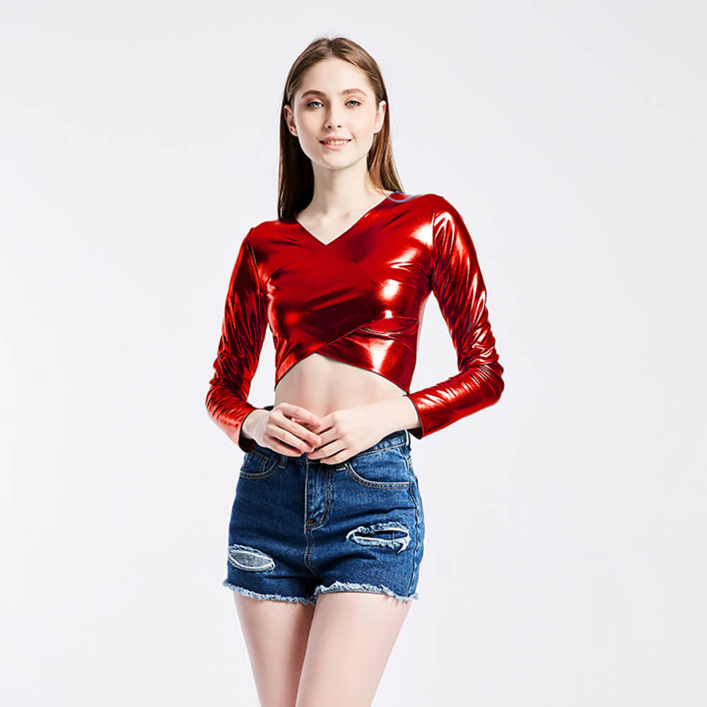 Glossy Crossover V-Neck Long-Sleeved Crop Top