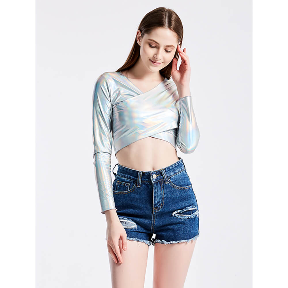 Glossy Crossover V-Neck Long-Sleeved Crop Top