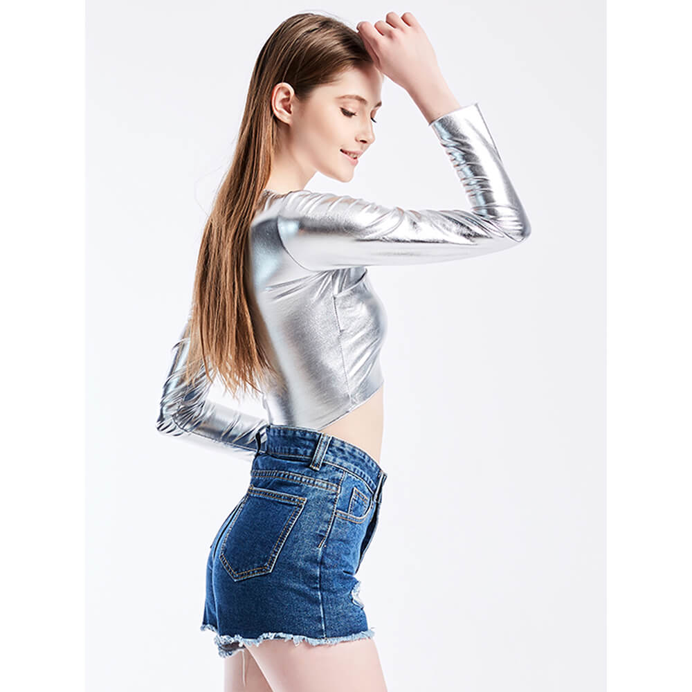 Glossy Crossover V-Neck Long-Sleeved Crop Top