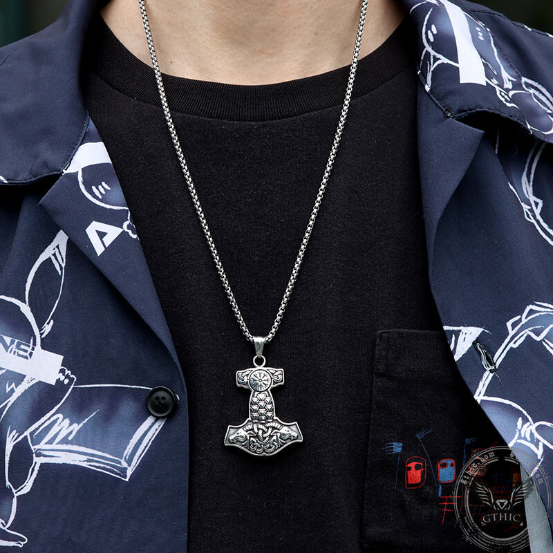 Pendentif Viking en acier inoxydable avec marteau de Thor et tête de chèvre