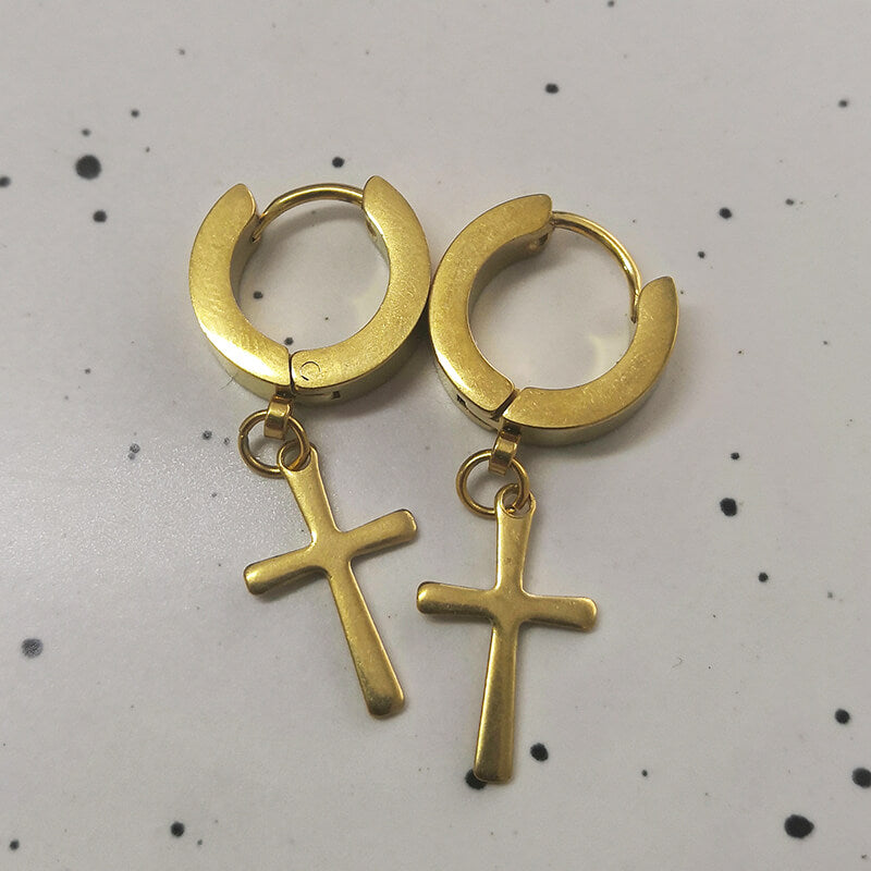 Gold Cross Stainless Steel Hoop Earrings | Gthic.com