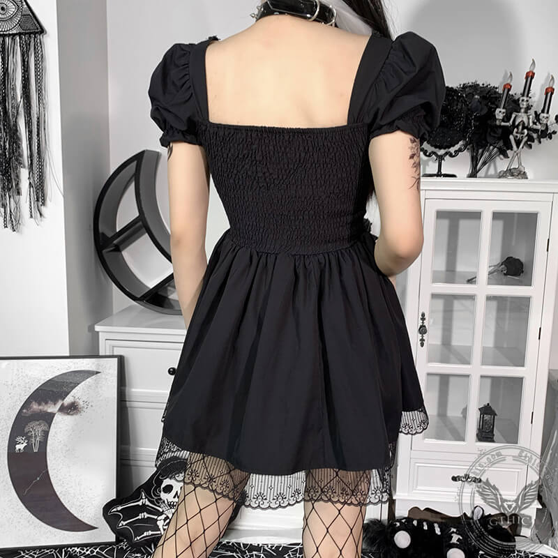 Gothic A-Line Square Neck Puff Sleeve Mini Dress