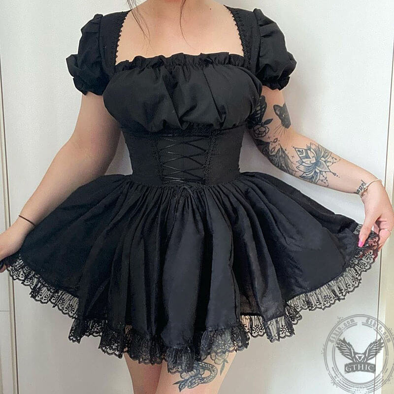 Gothic A-Line Square Neck Puff Sleeve Mini Dress