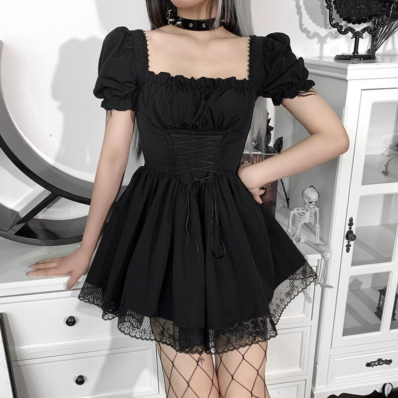 Gothic A-Line Square Neck Puff Sleeve Mini Dress | Gthic.com