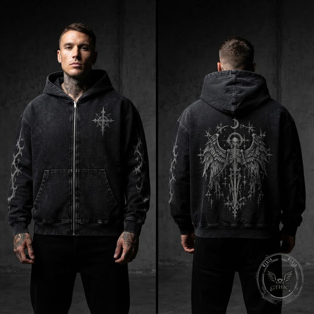 Gothic Angel Sword Vintage Washed Zip-Up Hooded Jacket | Gthic.com