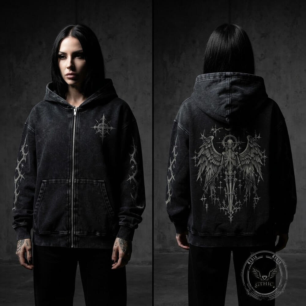 Gothic Angel Sword Vintage Washed Zip-Up Hooded Jacket | Gthic.com